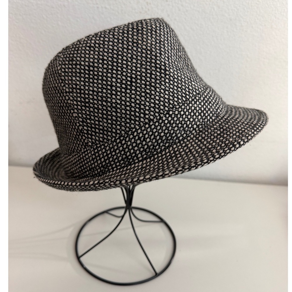 Black and White Woven Fedora Hat Wool Blend Textured Short Brim One Size 8948